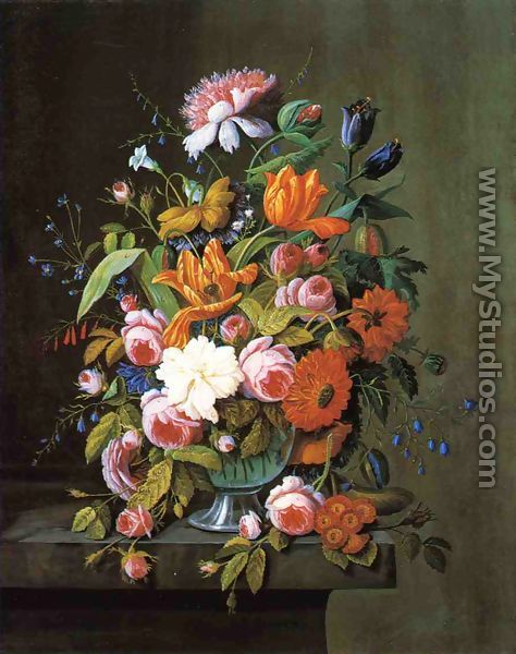 Summer Flowers in a Glass Bowl - Severin Roesen
