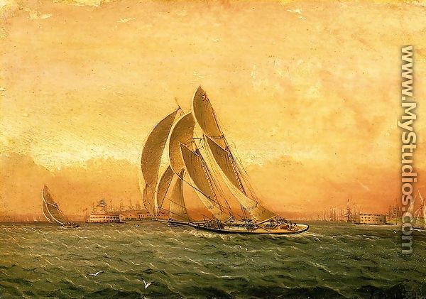 In Full Sail, New York Harbor - James E. Buttersworth