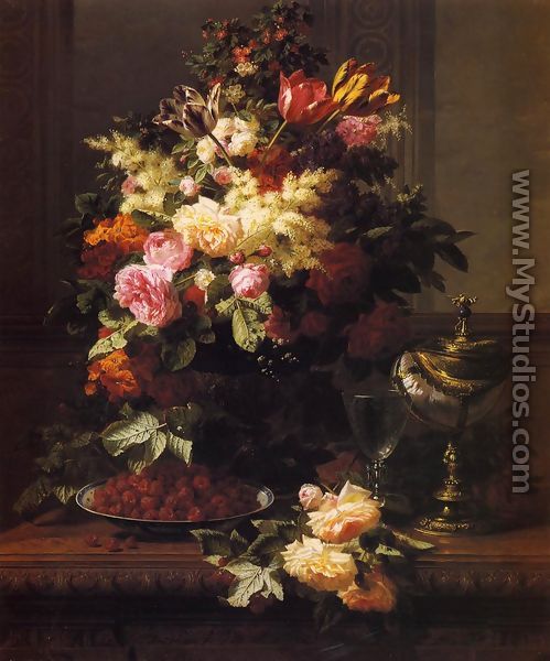 A Still Life of Roses, Tulips and other Flowers on a German Compote, a Plate of Raspberries, a Glass and a German Silver-gilt Nautilus Cup on a Table - Jean-Baptiste Robie