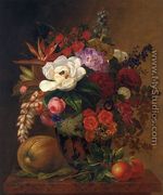 Exotic Blooms in a Grecian Urn with Fruit on a Marble Ledge - Johan Laurentz Jensen