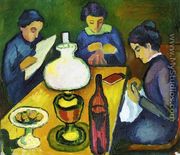 Three Women at the Table by the Lamp - August Macke
