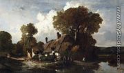A Man in a Boat by a Cottage in a Wooded River Landscape - Louis Adolphe Hervier