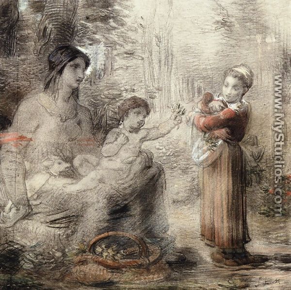 A Peasant Girl Offering Flowers to a Woman and Child - William (P.) Babcock