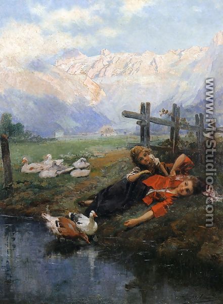 Children and Geese by a Pond - Daniel Hernandez
