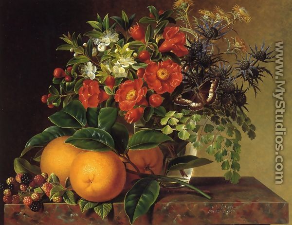 Thistle, Echinops, Myrtle in a Glass Vase with Oranges, Blackberries and a Butterfly no a Brown Marble Ledge - Johan Laurentz Jensen