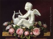 Garland of Pink Roses around 'Cupid Playing a Lyre' on a Brown Marble Ledge - Johan Laurentz Jensen