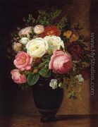 Pink and White Roses in a Black Glaze Amphora on a Brown Marble Ledge - Johan Laurentz Jensen