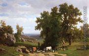 An Extensive Wooded Rocky Landscape with Shepherds and Flock, Cows and a Traveller on a Horseback - Eugène Verboeckhoven