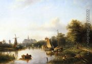 A View of the River Spaarne, Haarlem, with Moored Shipping and a Hay-Barge, the St. Bavo Church in the Background - Jan Jacob Coenraad Spohler