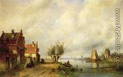 A River Landscape in Summer with Peasants Conversing by Old Houses along a Road, Moored Shipping Across, a Town in the Distance - Charles Henri Leickert