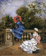 Two Ladies Conversing on a Terrace - Francisco Miralles  Galup