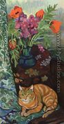 Cat Lying in front of a Bouquet of Flowers - Suzanne Valadon