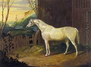 A Gray Arab Mare outside a Stable in an Extensive River Landscape - John Frederick Herring Snr