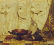 A skyphos, a kylix, a wine jug, and an Egyptian necklace before a Greek frieze, on marble tiles  - Arthur Hacker