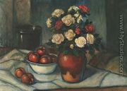 White and Red Roses in a Vase and Apples - Wladyslaw Slewinski