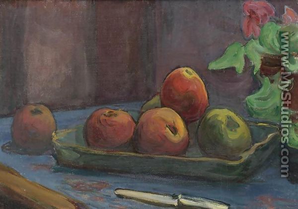Apples with a Knife and a Pot of Begonias - Wladyslaw Slewinski