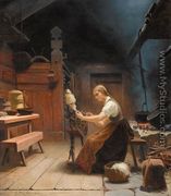 Woman Spinning Wool (Kvinne ved rokken i bondeinteriør) - Knud Bergslien