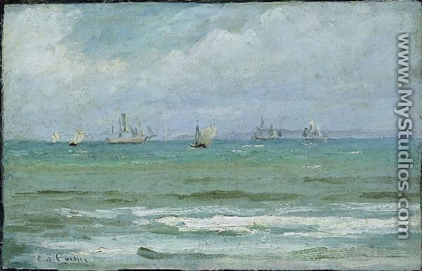 Coastal landscape with sailing ships, probably from Hornbæk - Carl Locher