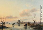 Skaters in a Winter Landscape with Windmills - Andreas Schelfhout