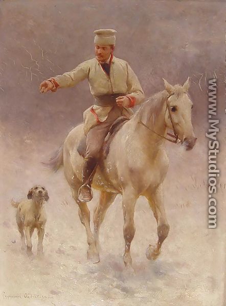 Rider on Horseback with a Dog in Winter - Sigismund Ajdukiewicz