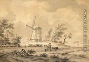 Horse and Carriage Near a Windmill - Andreas Schelfhout