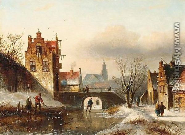 Figures on a Frozen Canal in a Dutch Town - Jan Jacob Coenraad Spohler