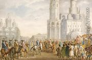 Imperial procession inside the Kremlin with the Ivan the Terrible Belfry and the Cathedral of the Assumption beyond - Jean Louis de Veilly