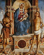 The Virgin and Child Enthroned with St. John the Baptist and St. Sebastian - Francesco Da Cotignola (see Zaganelli, Francesco di Bosio)