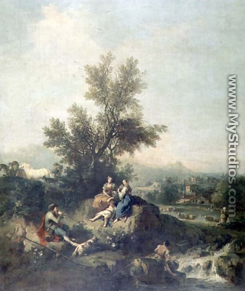 Italianate wooded landscape with a shepherd boy piping to peasant women - Francesco Zuccarelli