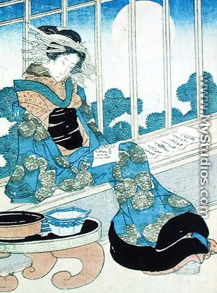Japanese Lady Reading by Moonlight - Keisai Yeisen