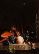 Still life of fruit on a ledge with a roemer and a wine glass - Jacob van Walscapelle