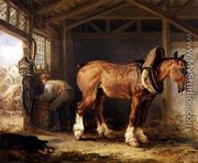 A groom with carthorse in a stable - James Ward
