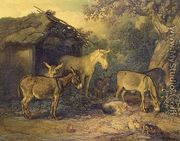 Donkeys, horse and pigs by a barn in a farmyard - James Ward
