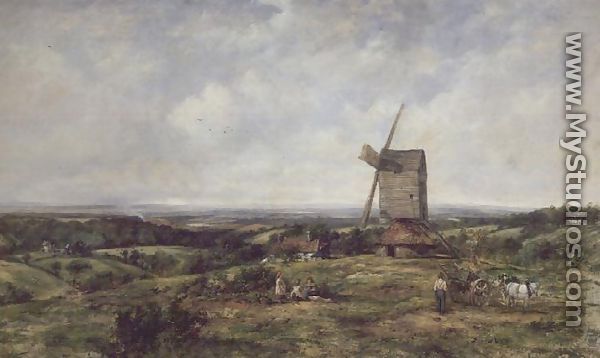 Landscape with figures by a windmill - Frederick Waters Watts