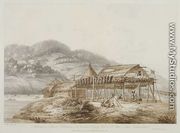 Balagans or Summer Habitations, with the Method of Drying Fish at St. Peter and Paul, Kamtschatka, from Views in the South Seas, pub. 1792 - John Webber