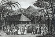 Captain Samuel Wallis (1728-1830) being received by Queen Oberea on the Island of Tahiti, from 'A Voyage to the Pacific Ocean' by James Cook (1728-79) engraved by John Hall (1739-97) - John Webber