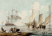 Dutch Pinks and a British Man-o-War off a Coastline - George Webster