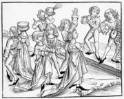 Dancers on Christmas Night punished for their impiety, after a woodcut from Liber Chronicarum Mundi, published Nuremburg, 1493 - Michael Wolgemut