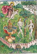 The Creation and the Temptation of Adam and Eve, from Le tresor, ou recipient de la vraie richesse du salut de la beatitude eternelle by Koberger, published in Nuernberg, 1491 - Michael Wolgemut