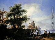 A river landscape with a gentleman and lady riding to the chase - Philips Wouwerman