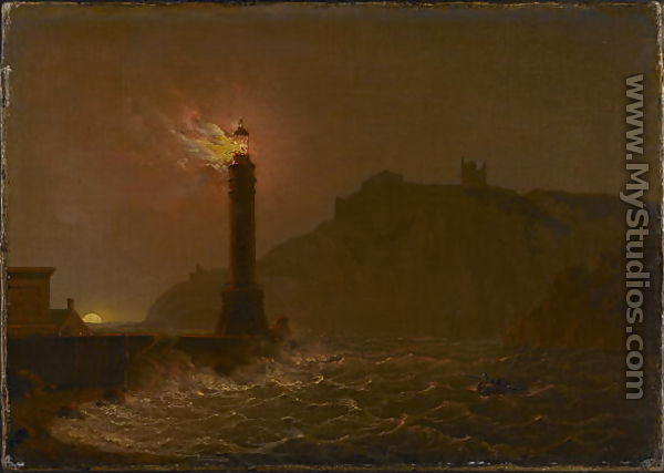 A Lighthouse on fire at night - Josepf Wright Of Derby