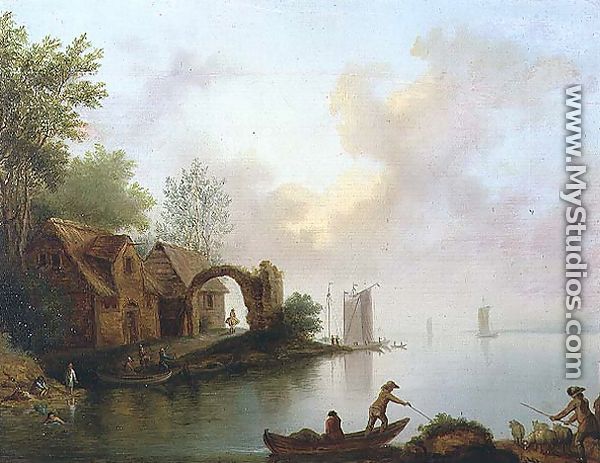 Wooded River Landscape with Boatmen - Johann Heinrich Wust