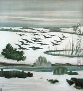 Rooks flying over a winter landscape - Madeline Wyndham