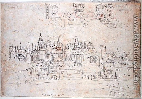 Studies of Palace of Oatlands and Hampton Court, from The Panorama of London, c.1544 - Anthonis van den Wyngaerde