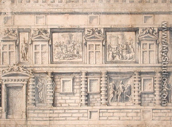 Facade with statues and reliefs, project for the Palazzo Doria in Genoa - Perino del Vaga (Pietro Bonaccors)