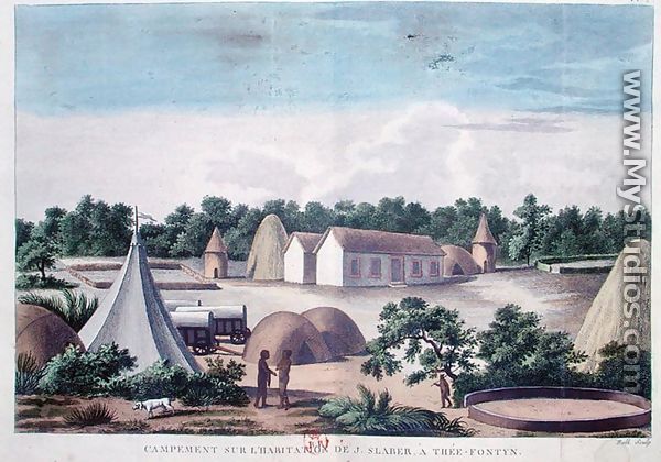 Encampment on the land of J. Slaber at Thee-Fontyn, from Voyages de M. le Vaillant dans l