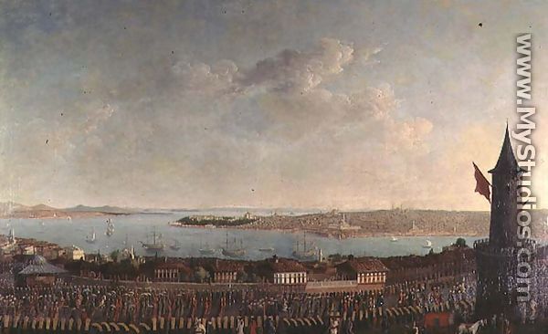 View of Constantinople with a procession of janissaries passing the Galata Tower - Jean Baptiste Vanmour