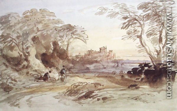 Landscape with Figures and Distant Castle - John Varley