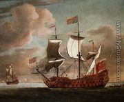 The British manowar The Royal James flying the royal ensign off a coast - Willem van de, the Younger Velde