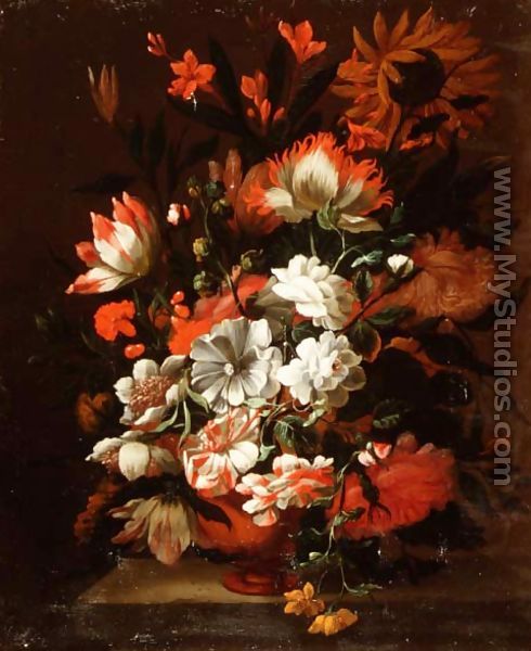 Tulips, carnations, sunflowers and other flowers in an urn on a stone ledge - Simon Pietersz. Verelst